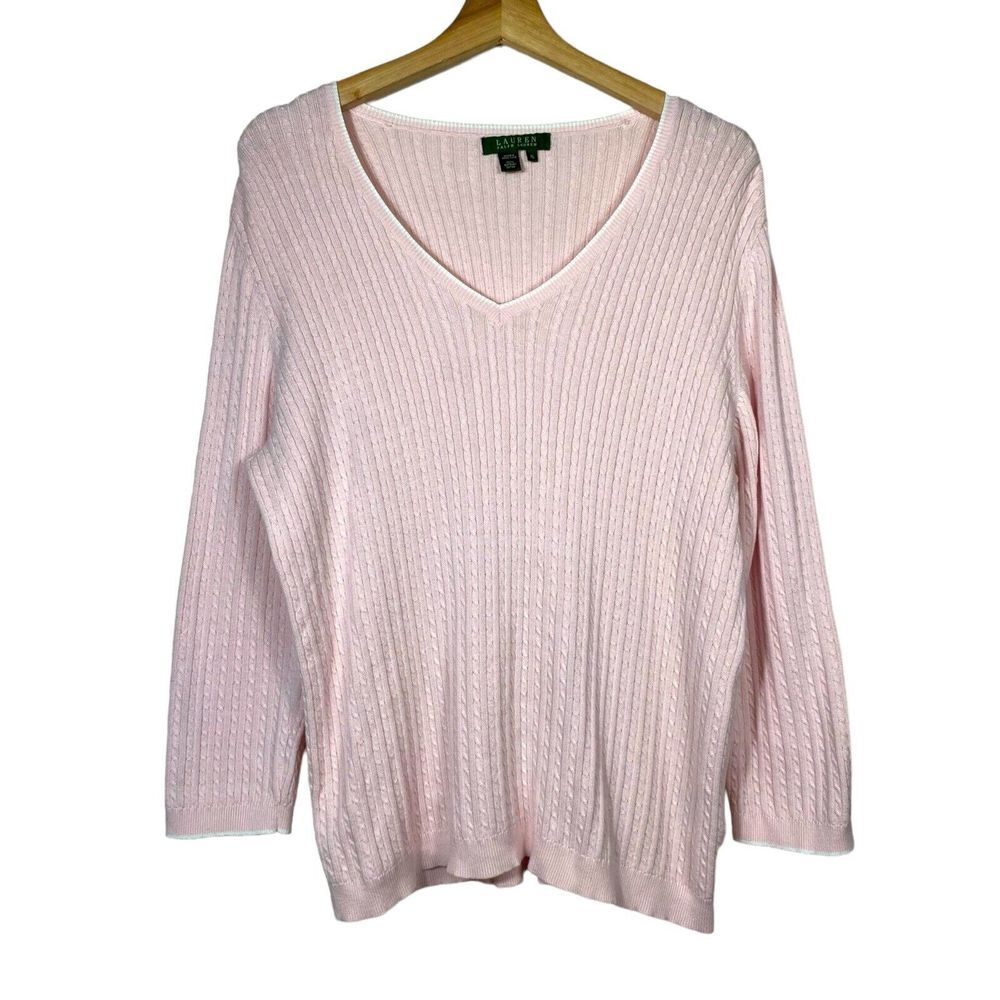 Lauren Ralph Lauren Women Sweater Light Pink L V-Neck Cable Knit Pullover Cotton